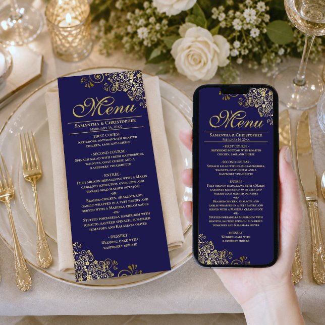 Elegant Navy & Guld Nedladdningsbart Bröllopsmeny Kort (Available as printed cards or as a digital download.)