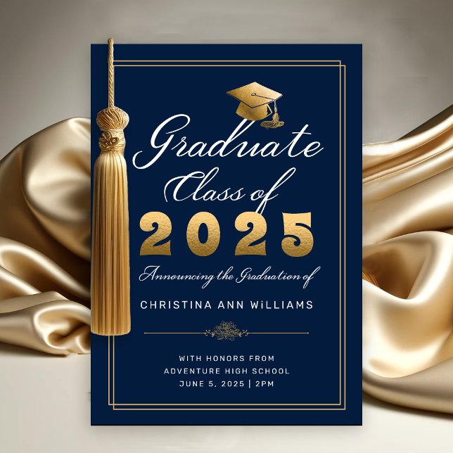 Elegant Navy Guld Script Class of 2025 Student Meddelande (Elegant Gold White Script on Navy Blue with thin gold frame Graduation Announcement)