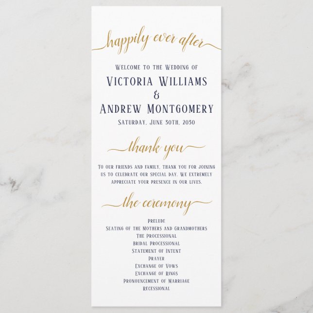 Elegant Navy Guld Script Minimal Bröllop Ceremony Program (Framsida)