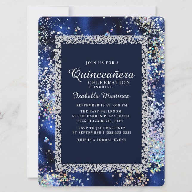 Elegant Navy Guld Silver Glitter Quinceañera Inbjudningar (Framsida)