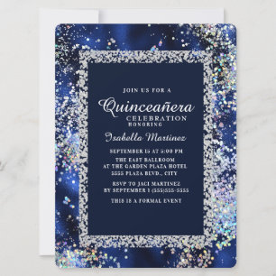 Elegant Navy Guld Silver Glitter Quinceañera Inbjudningar