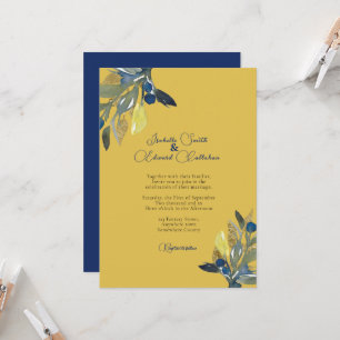 Elegant Navy & Guld Vattenfärg Blad Bröllop Inbjudningar