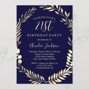 Elegant Navy Guld Watercolor 21 Birthday Inbjudningar