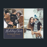 Elegant Navy Helgdag Cheer Photo Collage Guld Vykort<br><div class="desc">Det här moderna helgdag-kortet har ställe för två foton och är skrivet i ett handskript. Det finns faux guld gräns kring bilderna och baksidan av vykortet.</div>