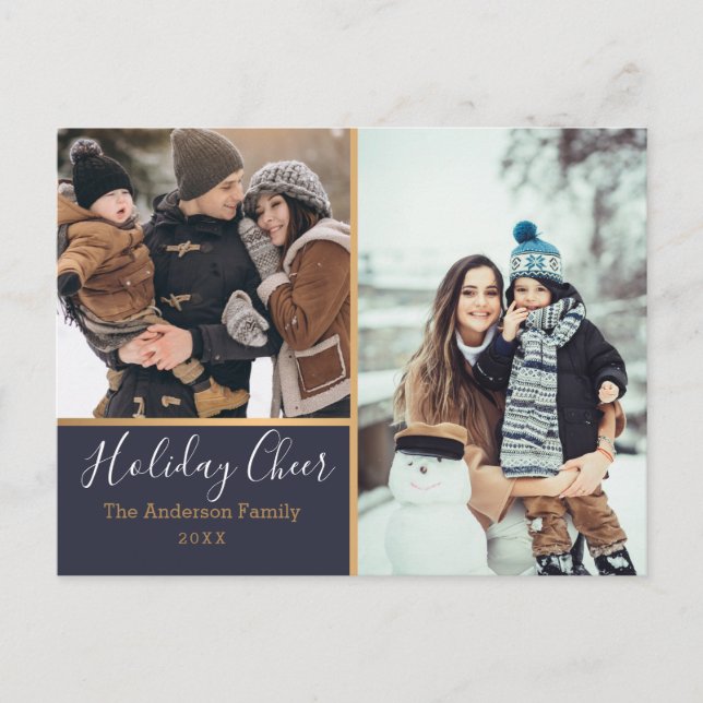 Elegant Navy Helgdag Cheer Photo Collage Guld Vykort (Framsida)