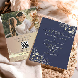 Elegant Navy Höst Blommig QR-kod Bröllop Inbjudningar