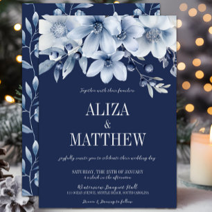 Elegant Navy & Light Blue Blommigt Bröllop Inbjudningar