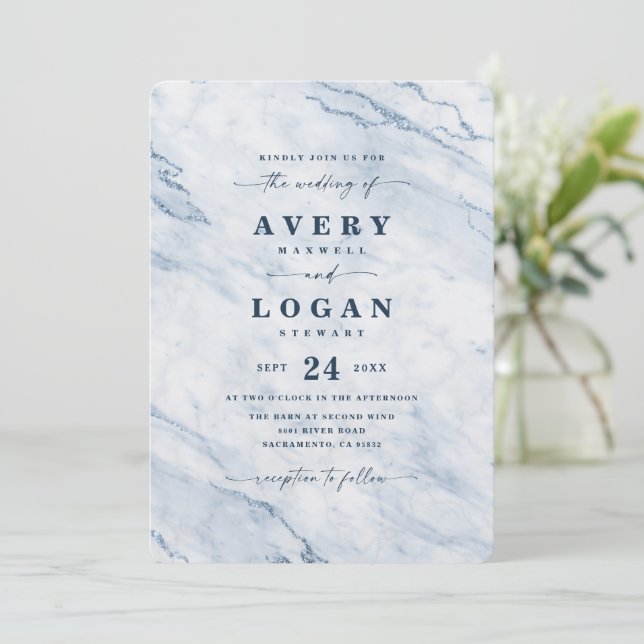 Elegant Navy & Light Blue Metallic Marble Bröllop Inbjudningar (Stående Fram)