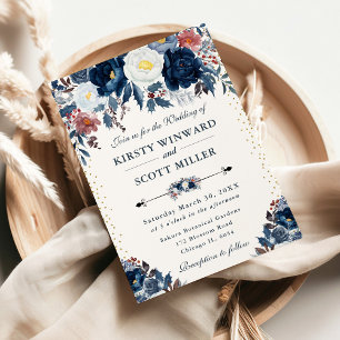 Elegant Navy & Ljusblå Blommig Bröllop Inbjudningar
