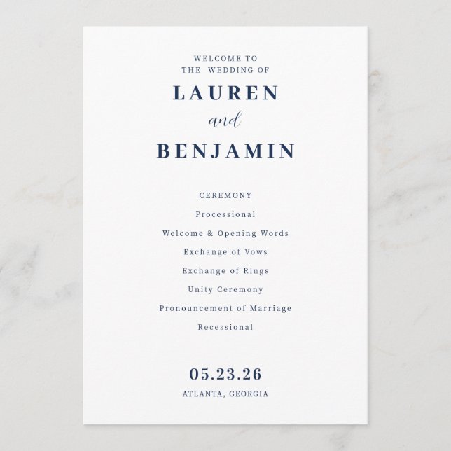 Elegant Navy Minimalist Wedding Ceremony Program (Framsida)