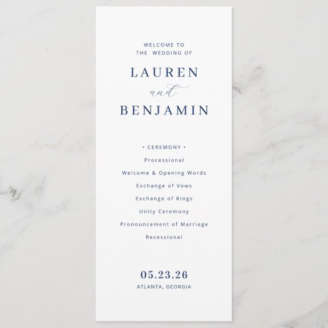 Elegant Navy Minimalistisk Bröllopsceremoni Program (Framsida)