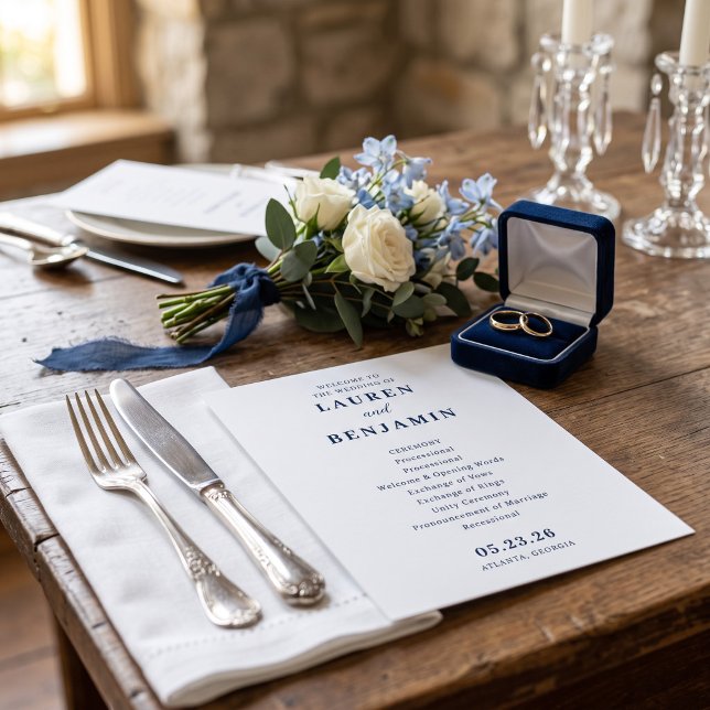 Elegant Navy Minimalistisk Bröllopsceremoni Program (Skapare uppladdad)