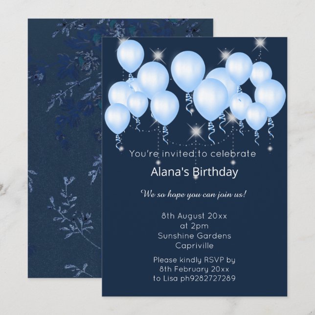 ELEGANT NAVY MODERN BALLOON BIRTHDAY INBJUDNINGAR (Fram/baksida)