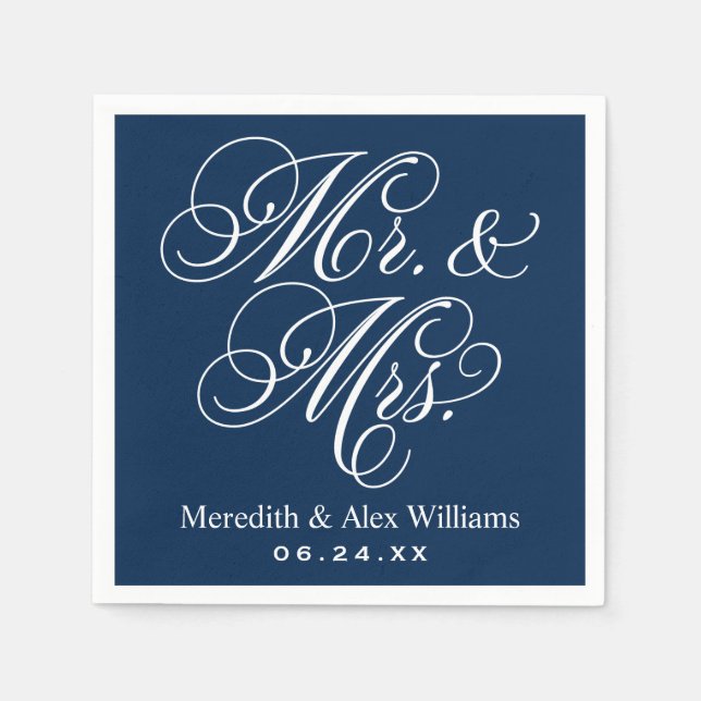 Elegant Navy Mr. och Mrs. Script Anpassningsbar Mo Pappersservett (Framsidan)