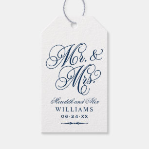 Elegant Navy Mr. och Mrs. Script Anpassningsbar Mo Presentetikett