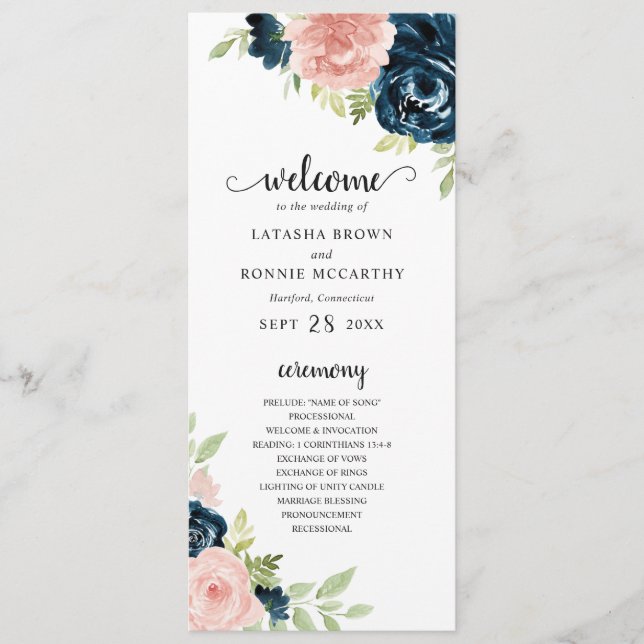 Elegant Navy och Blush Rosa Blommig Bröllop Program (Framsida)