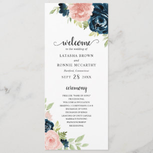 Elegant Navy och Blush Rosa Blommig Bröllop Program