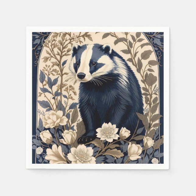 Elegant Navy och Crème Grävling Blommig Pappersservett (Framsidan)