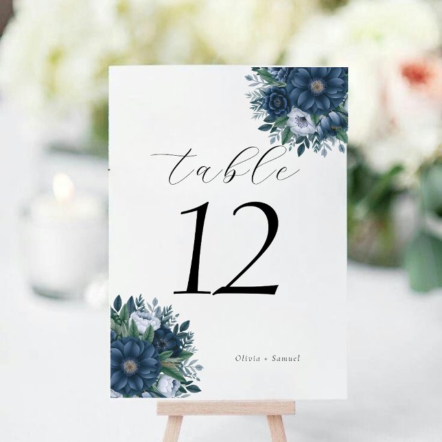 Elegant Navy och dammig blå modern blomsterbröllop Bordsnummer (Skapare uppladdad)