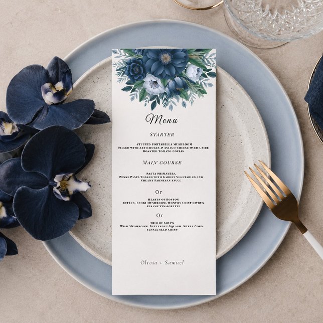 Elegant Navy och dammig blå modern blomsterbröllop Meny (Skapare uppladdad)