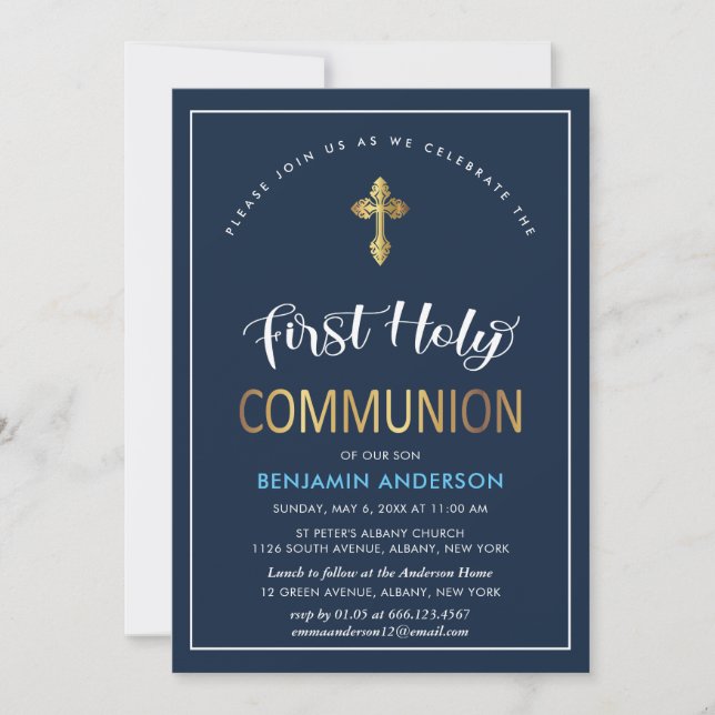 Elegant Navy och Guld First Heliga Communice Inbjudningar (Framsida)