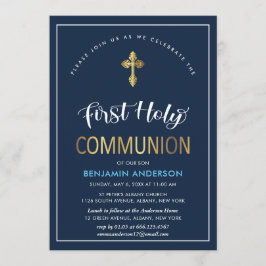 Elegant Navy och Guld First Heliga Communice Inbjudningar
