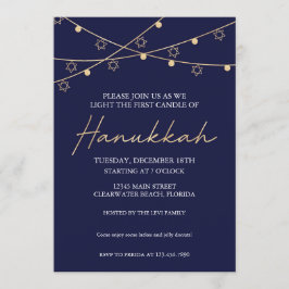 Elegant Navy och Guld Light Strings Hanukkah Party Inbjudningar