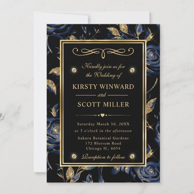 Elegant Navy och Guld Ros Blommig Mönster Bröllop Inbjudningar (Framsida)