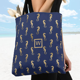 Elegant Navy och Guld Seahorse with Initial Tygkasse