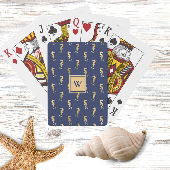 Elegant Navy och Guld Sjöhästar med Initial Casinokort (Skapare uppladdad)