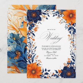 Elegant Navy och Orange Blommig Akvarell Bröllop Inbjudningar