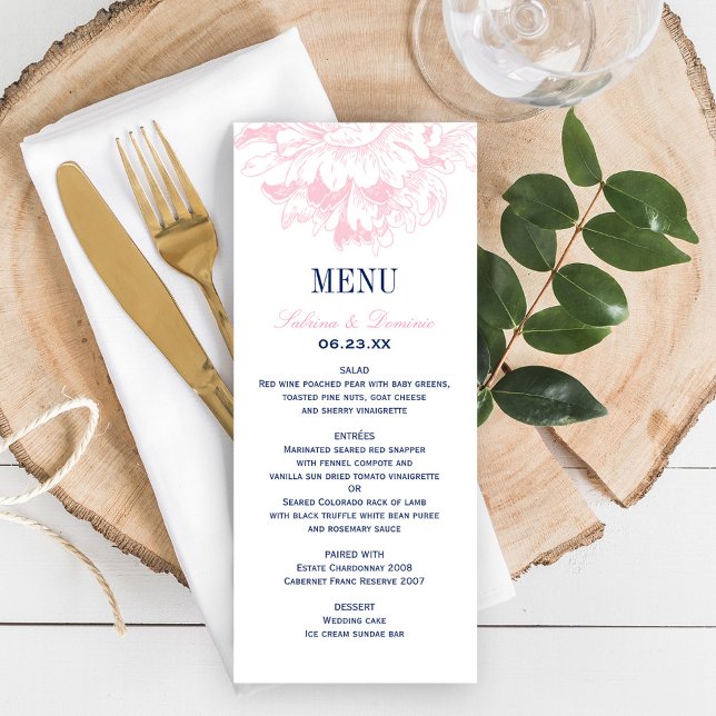 Elegant Navy och Rosa Blommig Peony Bröllop Meny (Skapare uppladdad)