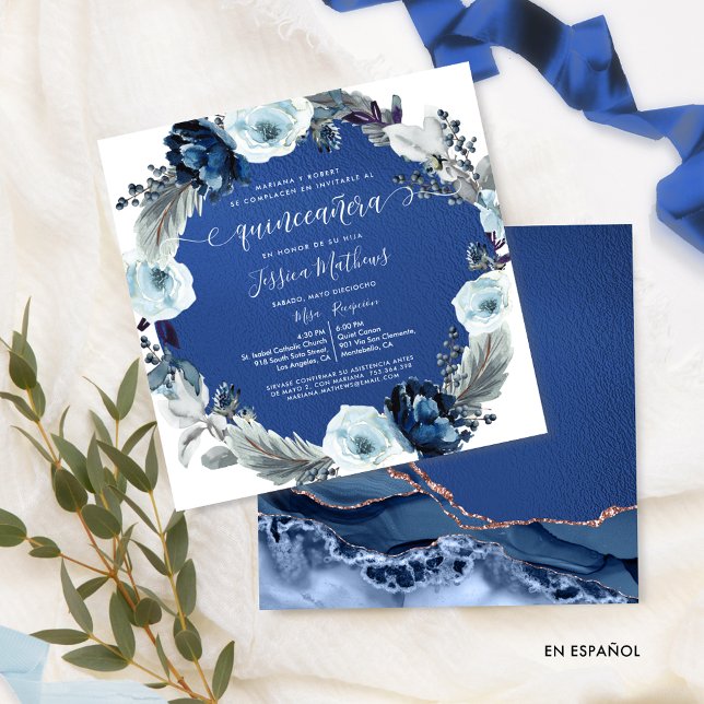 Elegant Navy och Royal Blåa blommor Quinceañera Inbjudningar (Skapare uppladdad)