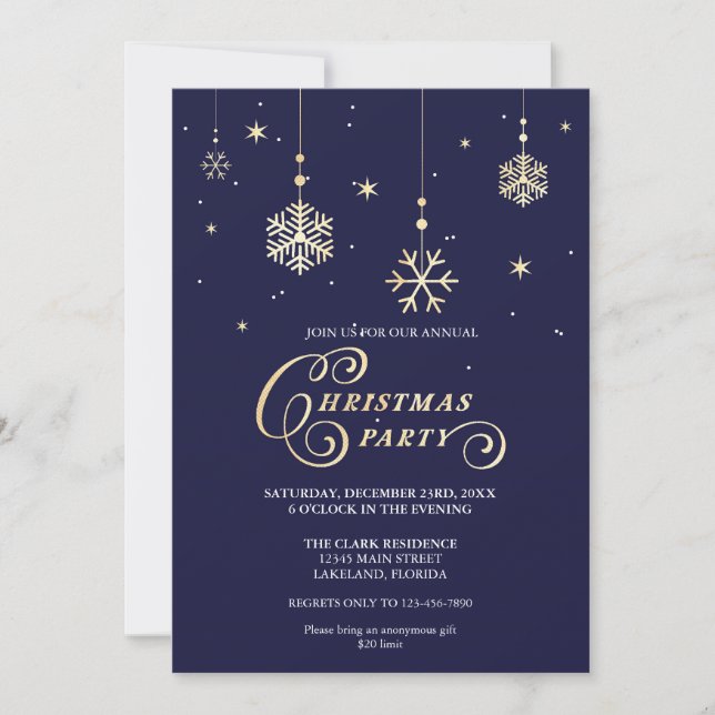 Elegant Navy och Sparkly Guld jul Party Inbjudningar (Framsida)