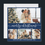 Elegant Navy och White 4 Photo Collage jul Julkort<br><div class="desc">Elegant Calligraphy Minimalist Navy och White 4 Photo Collage God jul Script Helgdag Card. Den här sjutna, minimalistiska, visuella, fyra (4) fotokortsmallen har en söt fotokollage och säger "God jul och Gott nytt år"! Texten "God jul" hälsning är skriven i ett vackert handskrivet teckensnitt som snabbt byts ut mot svan...</div>