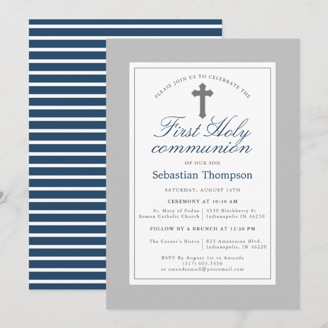 Elegant Navy och White Rand First Communion Inbjudningar (Fram/baksida)