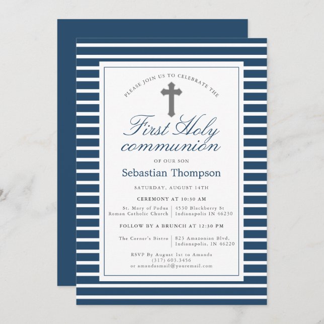 Elegant Navy och White Rand First Communion Inbjudningar (Fram/baksida)