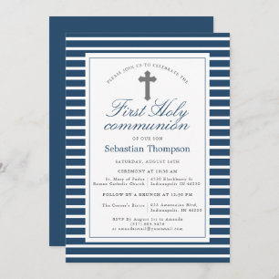 Elegant Navy och White Rand First Communion Inbjudningar