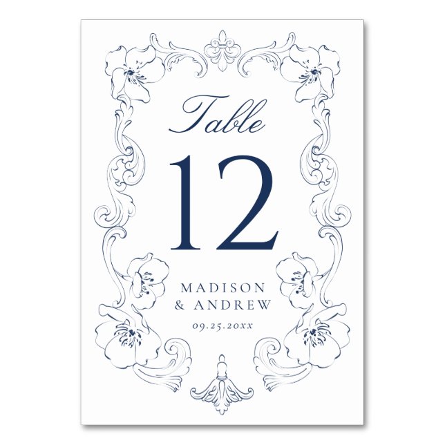 Elegant Navy Ornate Floral Frame Wedding Bordsnummer (Framsidan)