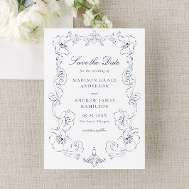 Elegant Navy Ornate Floral Frame Wedding Spara Datumet