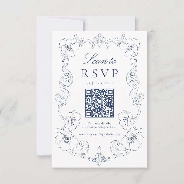 Elegant Navy Ornate Floral QR Code Wedding OSA Kort (Framsida)