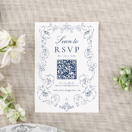 Elegant Navy Ornate Floral QR Code Wedding OSA Kort