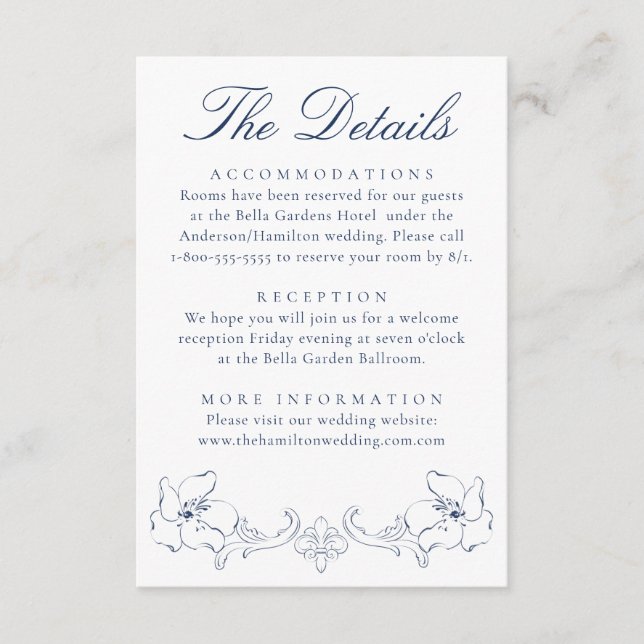 Elegant Navy Ornate Floral Wedding Details Tilläggskort (Framsida)