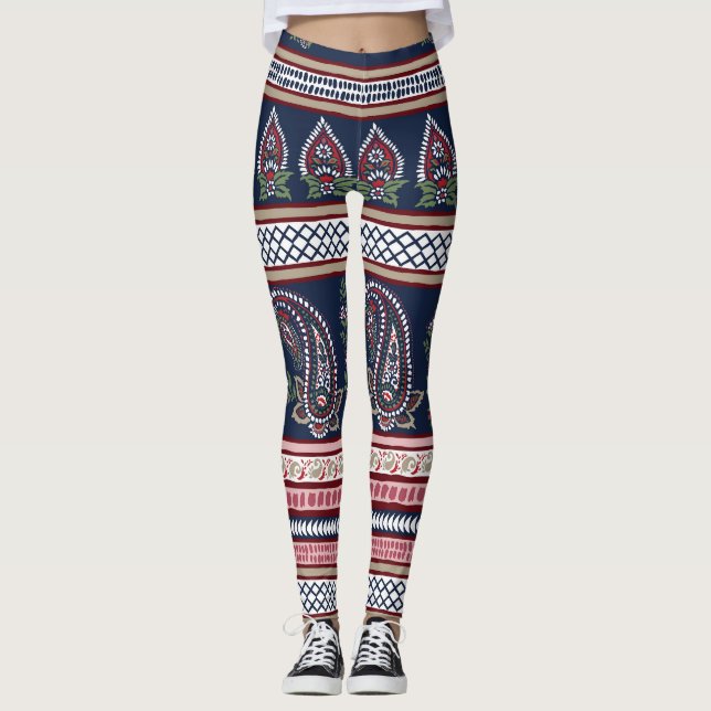 Elegant Navy Paisley: Timless Gräns Design Leggings (Framsida)