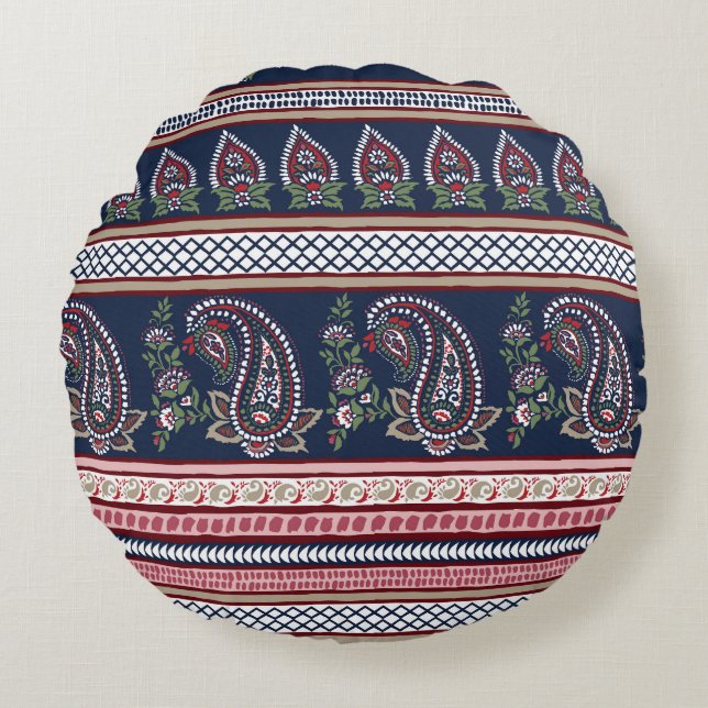 Elegant Navy Paisley: Timless Gräns Design Rund Kudde (Framsidan)