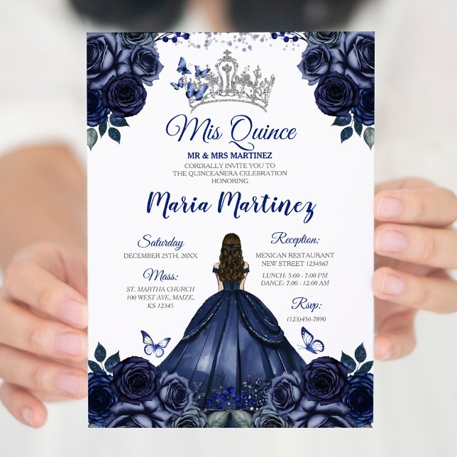 Elegant Navy Princess Floral Silver Mis Quince Inbjudningar (Skapare uppladdad)