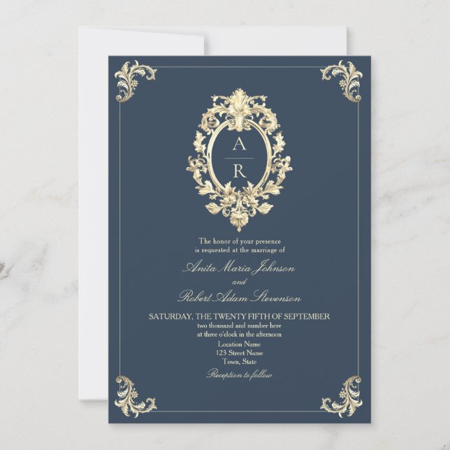 Elegant Navy QR-kod Bröllop Inbjudningar (Framsida)