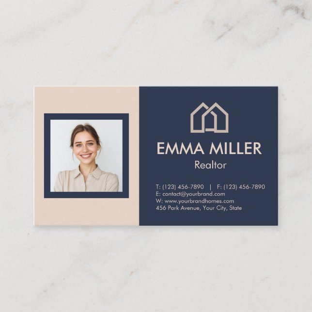 Elegant Navy Realtor Real Gods Agent Photo Visitkort (Framsida)