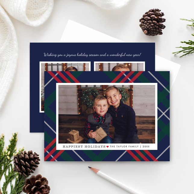 Elegant Navy Red Grönt Tartan Play Multi Photo Julkort (Skapare uppladdad)