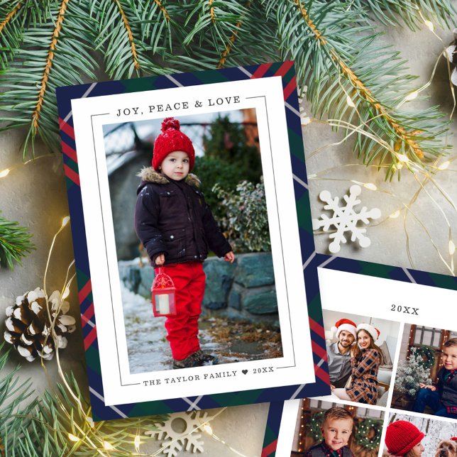 Elegant Navy Red Grönt Tartan Play Multi Photo Julkort (Skapare uppladdad)